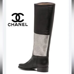 CHANEL Women's Black and Silver Over the Knee Boots